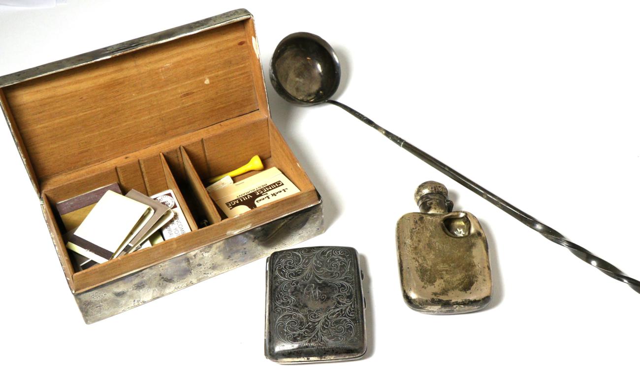 Small group of silver comprising cigarette box, cigarette case, hip flask and toddy ladle (all a.