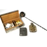 Small group of silver comprising cigarette box, cigarette case, hip flask and toddy ladle (all a.