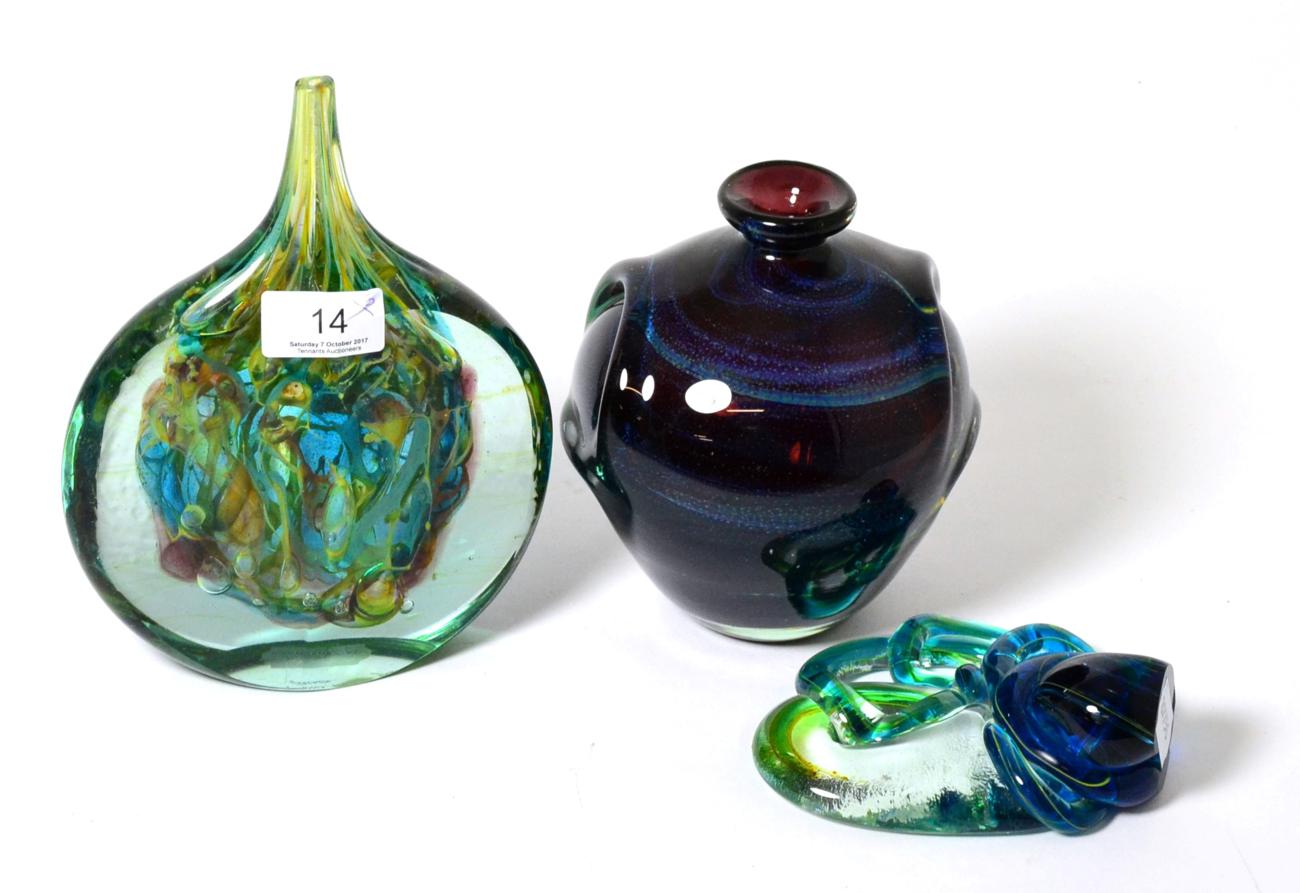 A Mdina glass slab vase signed ''Michael Harris, Mdina Glass Malta'', and two other pieces, one