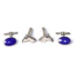 A pair of silver horses head cufflinks together with a pair of oval blue enamel and silver cufflinks