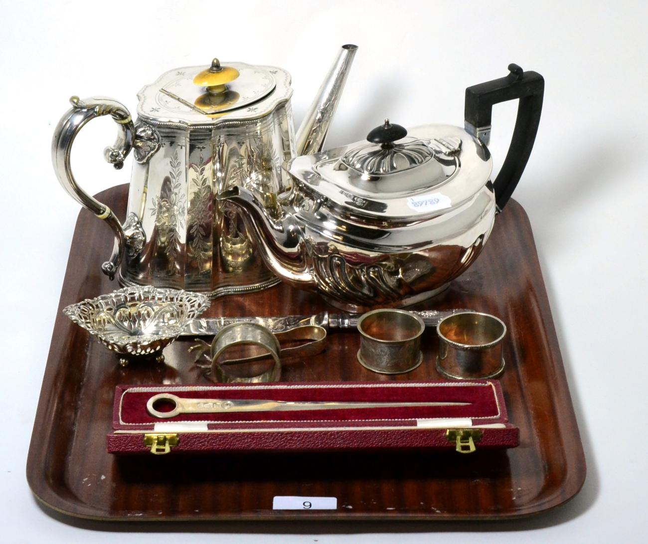 A silver teapot, James Dixon & Sons; together with assorted silver napkin rings; a meat skewer