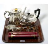 A silver teapot, James Dixon & Sons; together with assorted silver napkin rings; a meat skewer