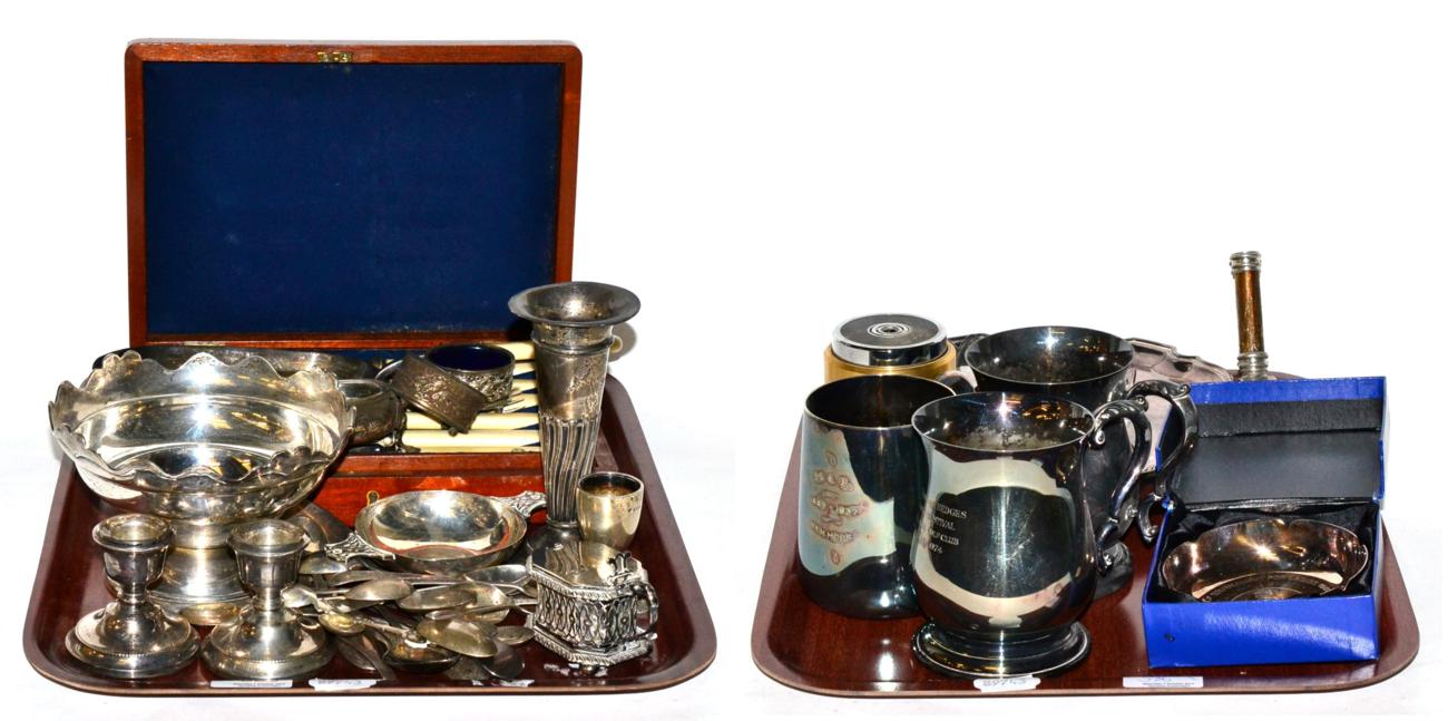 Group of silver including pedestal bowl, quaich, dwarf candlesticks, mustard, spoons etc, together