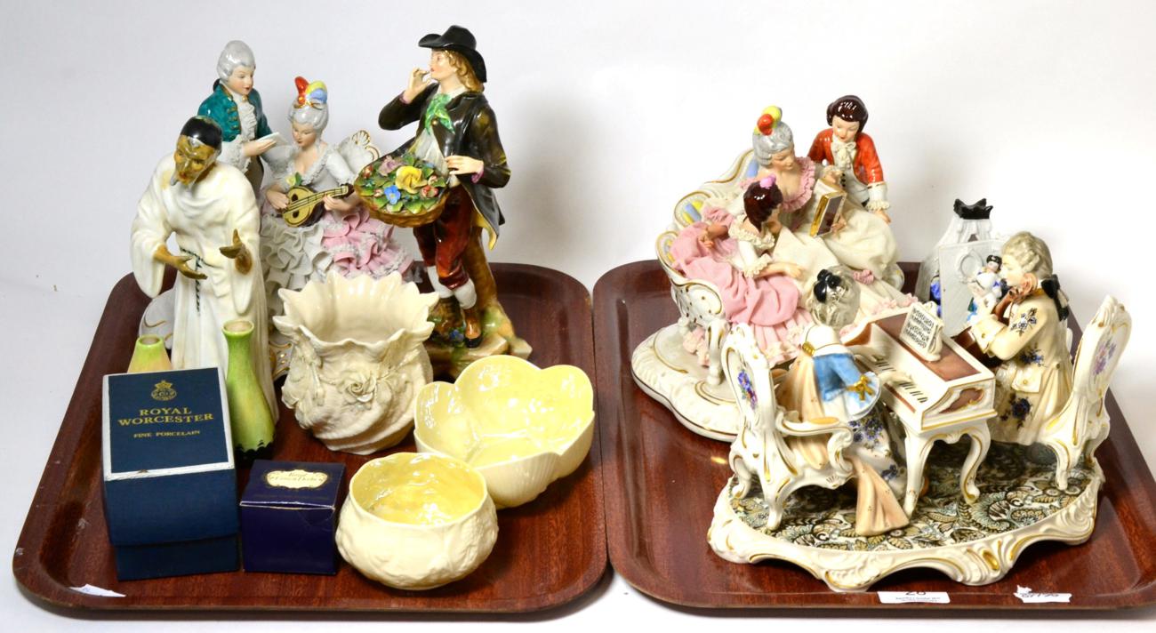 Two trays of ceramics including Capodimonte figure groups, Stafforshire fine bone china figure '