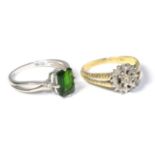 A 9 carat white gold green tourmaline and diamond ring and an 18 carat gold diamond ring (2) Green