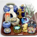 Tray of assorted ceramics, glass including paperweights etc