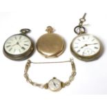 A silver open faced Waltham pocket watch, silver pair cased pocket watch, gold plated full hunter