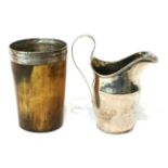 George III silver mounted horn beaker, I R & Co, Sheffield 1812; and a Provincial silver cream