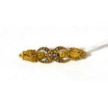 A Victorian seed pearl crescent brooch, stamped '15CT'4.3g gross