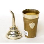 A George III silver wine funnel (a.f.) and a silver mounted horn beaker