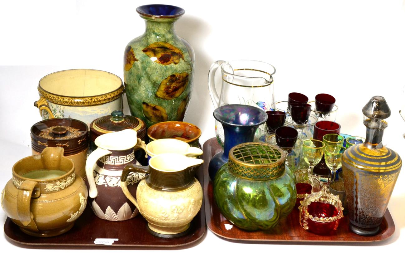 Mixed group of ceramics and glass including Minton cache pot painted by Edouard Rischgitz, Ruskin l