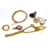 A curb link chain, a 9ct gold pendant frame, a 9ct gold ring mount, a 9ct gold bar brooch, a bangle,