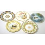 A collection of five hand painted plates, including Doulton Burslem