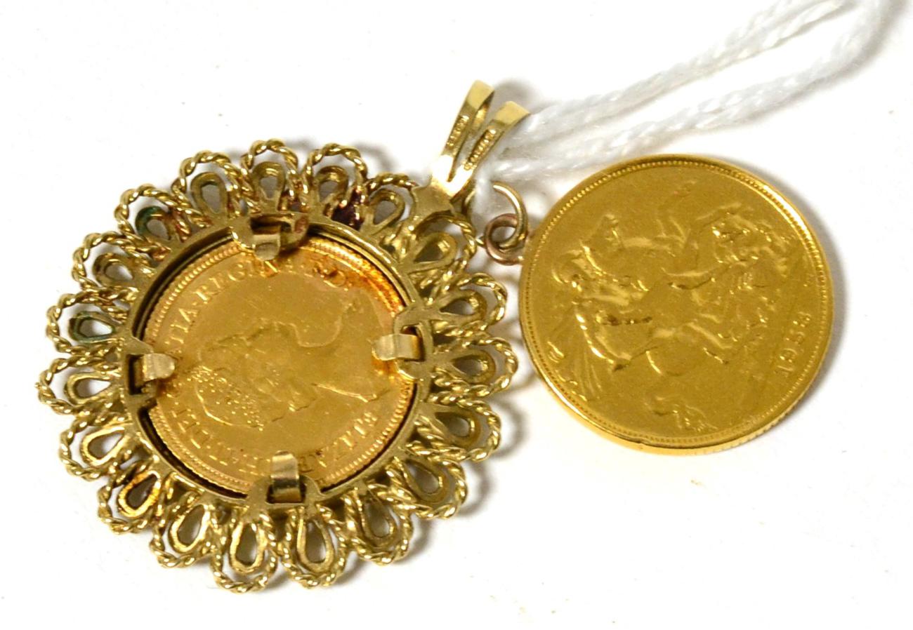 A gold full sovereign dated 1958, with soldered loop, and a half sovereign dated 1982, fitted in a