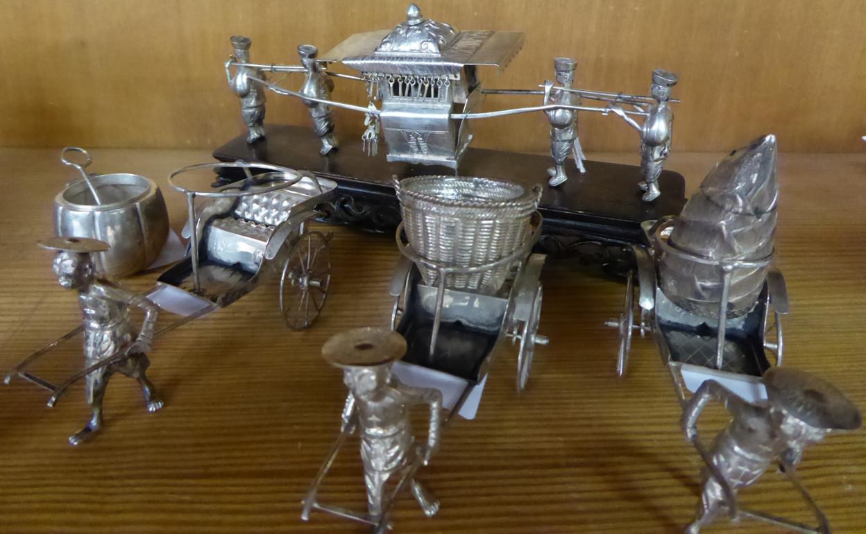 A group of Chinese export silver models and condiments, including three rickshaws; a melon form - Image 2 of 4
