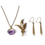 A 9 carat gold amethyst swivel fob on chain, a 9 carat gold pearl spray brooch and a pair of