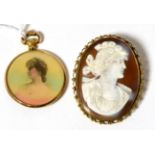 A 9ct gold framed shell cameo brooch and a portrait fob Cameo - 4.5cm by 3.5cm, the cameo mount is