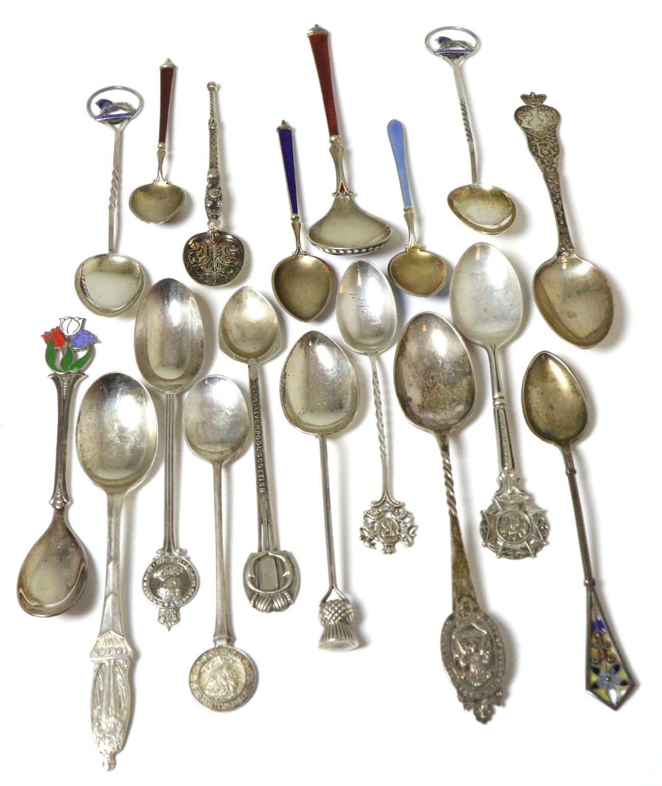 A group of assorted silver commemorative and other spoons, including a pair of Charles Horner