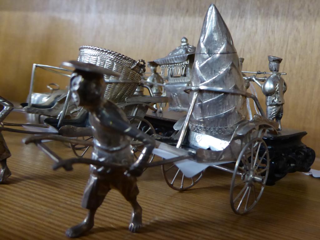 A group of Chinese export silver models and condiments, including three rickshaws; a melon form - Image 3 of 4