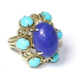 Lapis lazuli, turquoise and diamond cluster ring Finger size Q, 14.28g gross.