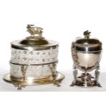 A silver plated cut glass biscuit barrel and a egg coddler