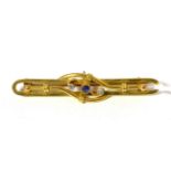 A Victorian diamond and sapphire bar brooch, stamped '15CT'3.7g gross