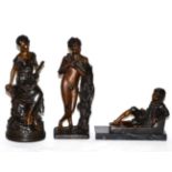 Reproduction bronze of a young boy and violin, on a marble base, together with two spelter figures