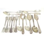 A group of silver and white metal flatware, comprising: a pair of George III table spoons later