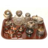 Assorted silver items including napkin rings; egg form money box, inscribed 'A Nest Egg'; small