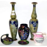 A pair of Royal Doulton stoneware vases, a Sunderland lustre jug, Moorcroft Clematis dish, Gouda jug