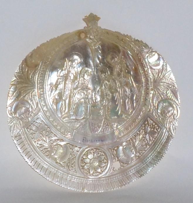 A carved mother of pearl shell, inscribed Bethlehem