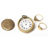 A ladies fob watch, case stamped '18K', 9 carat gold fob watch case back and two yellow metal rings