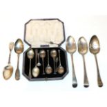 Three George III silver tablespoons; pair of fiddle pattern dessert spoons; and assorted other