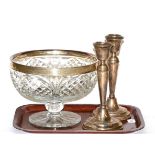 Mappin & Webb silver mounted cut glass pedestal bowl, together with a pair of silver candlesticks,