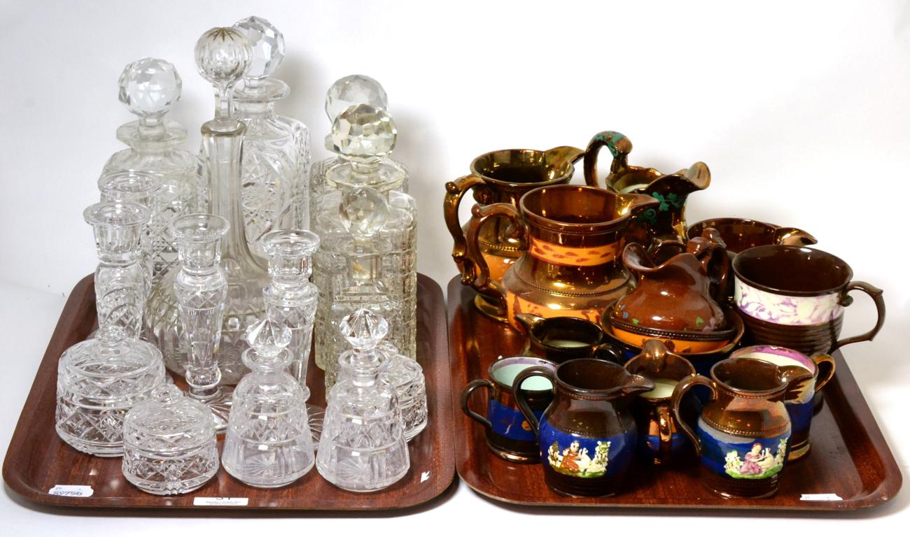 Tray of 19th century copper lustre wares together with a tray of cut glass including decanters