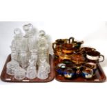 Tray of 19th century copper lustre wares together with a tray of cut glass including decanters