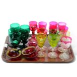 Tray of coloured drinking glasses incl. Victorian cranberry and green glass etc