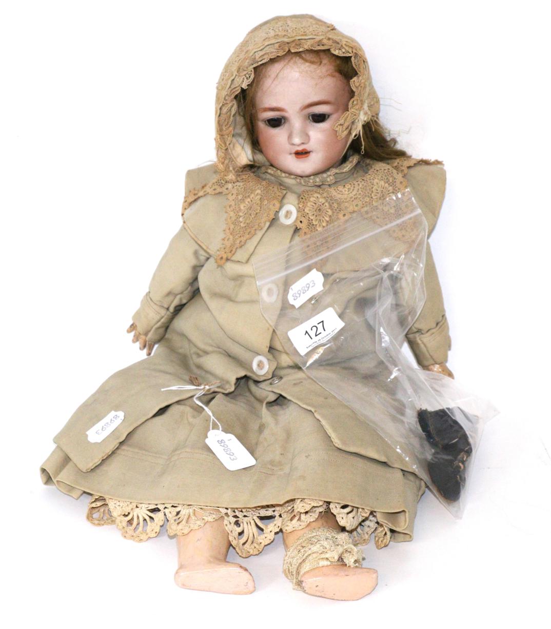Bisque socket head doll, impressed S&H and LL&S, no 1339, with sleeping brown eyes, brown wig,