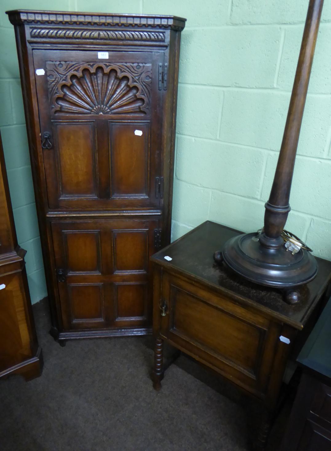 A reproduction oak standing corner cupboard, a 1920's oak bedside cupboard and a standard lamp - Image 2 of 3