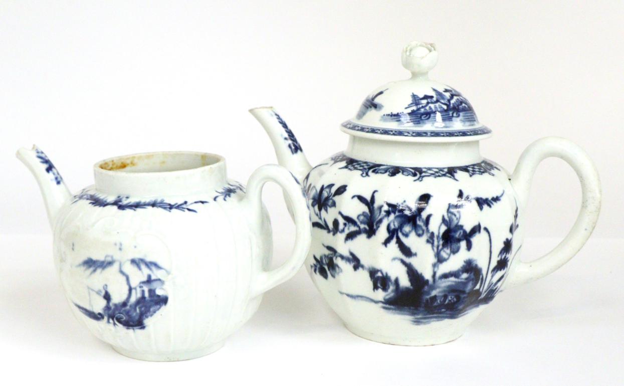 A First Period Worcester Porcelain Teapot, circa 1755, painted in underglaze blue with the Fisherman