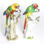 ^ A Matched Pair of Meissen Porcelain Figures of Parakeets, circa 1900, each perched on a tree stump