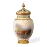 A Royal Worcester Porcelain Pot Pourri Jar and Cover, 1919, painted by Harry Stinton with highland