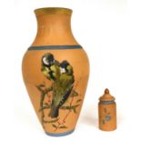 A Commondale Pottery Terracotta Vase, of baluster form, painted with birds on branches, impressed