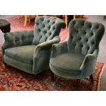 A Victorian Chesterfield Type Tub Chair, circa 1870, upholstered in button back velvet, raised on