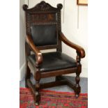 A Joined Oak Wainscot Chair, bearing date 1723, later recovered in green close-nailed leather,