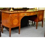 A George III Mahogany and Satinwood Banded Bowfront Sideboard, late 18th century, with a two-as-