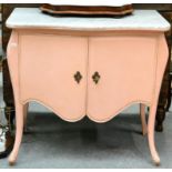 A 19th Century Marble Top Commode, of bombé shaped form, repainted pink with a grey and white