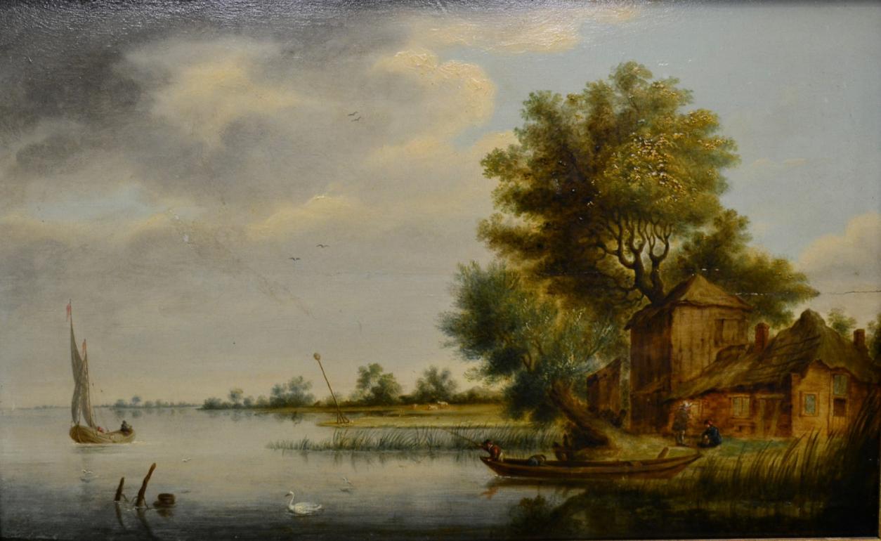 Follower of Robert Ladbrooke (1770-1842) A wherry and a punt on a river Oil on panel, 31cm by 50cm