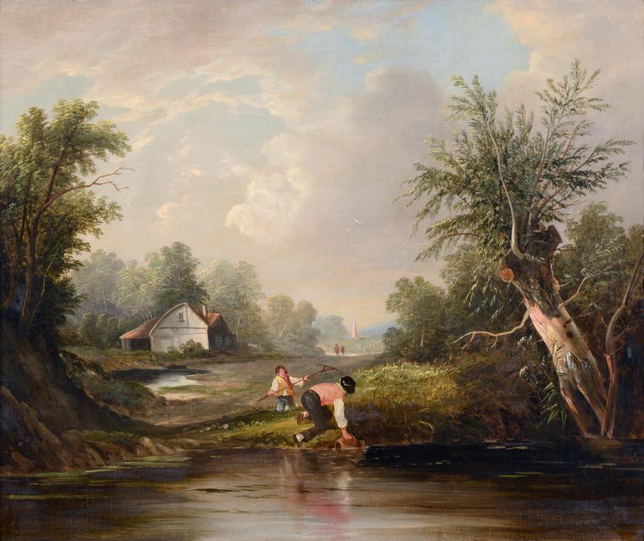 E C Williams (19th century) Lake and cottage with figures collecting water Oil on canvas, 49cm by