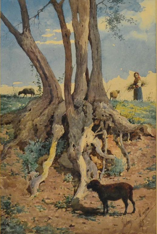 Attributed to Filippo Indoni (1842-1908) Italian Peasant girl collecting faggots in a landscape with